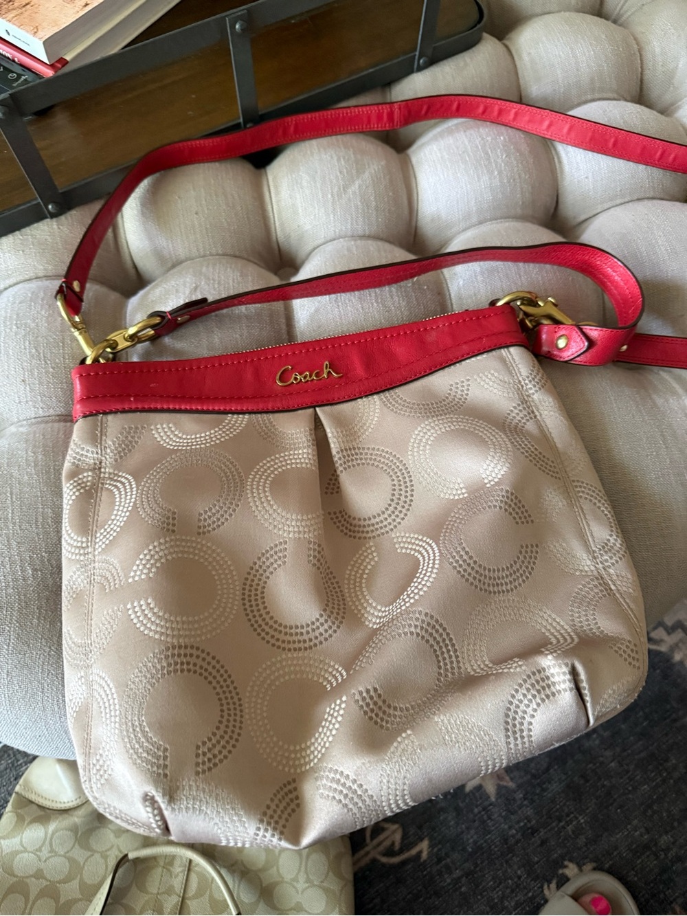 Coach Beige Signature Crossbody with Red Leather Trim